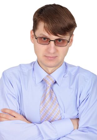 A serious man in glasses isolated on white backgroundの写真素材
