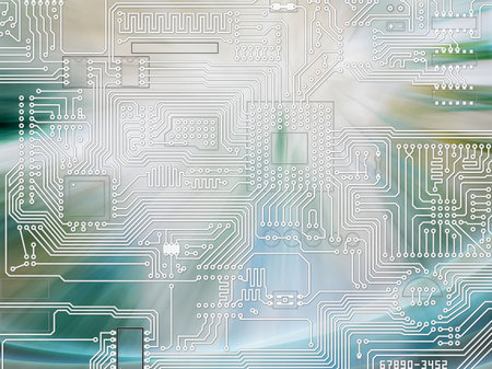 Rays of light shining and circuit board - blue abstract background