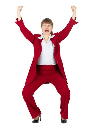 Young woman emotionally triumphant and jubilant on whiteの写真素材