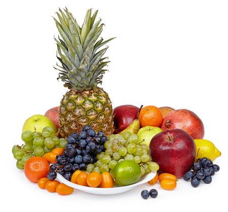 Still life of tropical fruits isolated on a white backgroundの写真素材