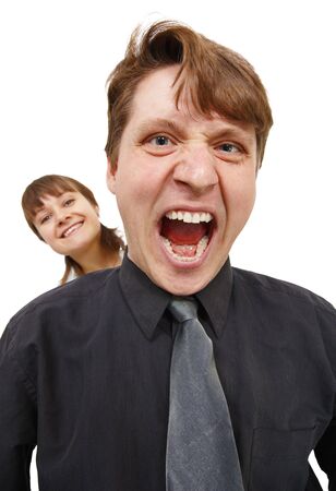 A man in a rage and shouted loudly. Woman happy. Isolated on white.の写真素材