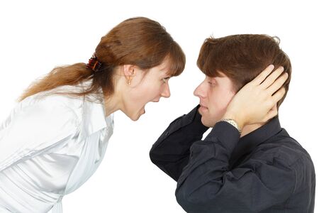 Man does not want to listen to the cries of women isolated on whiteの写真素材