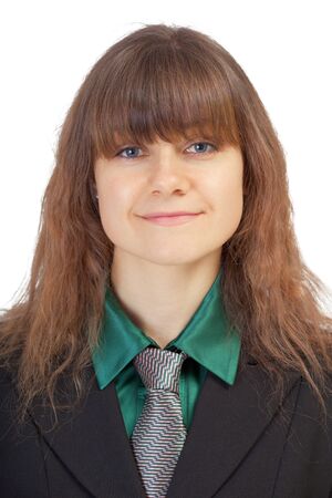 Portrait of the young woman in a black suit on a white backgroundの写真素材