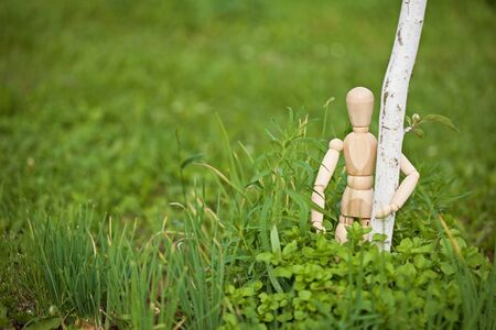 Toy man embraces a young tree gardenの写真素材
