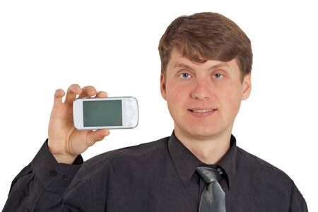 A guy shows off his new mobile phoneの写真素材