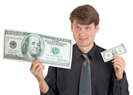 The smiling person offers a choice. It is a lot of or few money.の写真素材