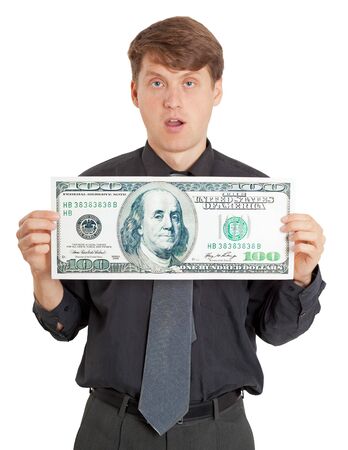 Funny stupid man is holding a lot of moneyの写真素材