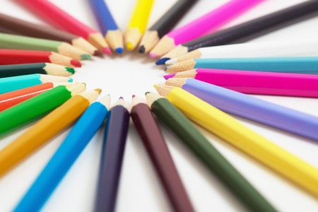 Set of children's wooden color pencils on a light backgroundの写真素材