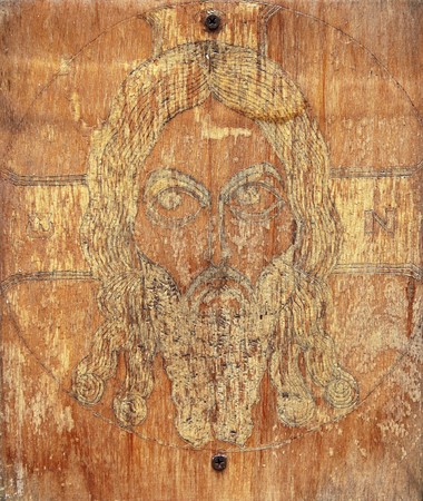 Old self-made Christian orthodox icon on plywoodの写真素材