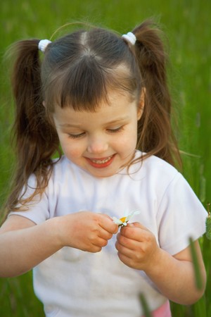 The little girl tears off petals at a camomileの写真素材