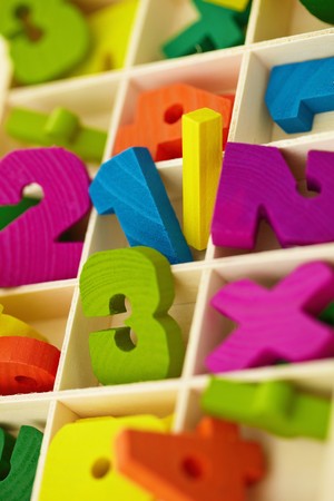 An old wooden box with toy characters and numeralsの写真素材