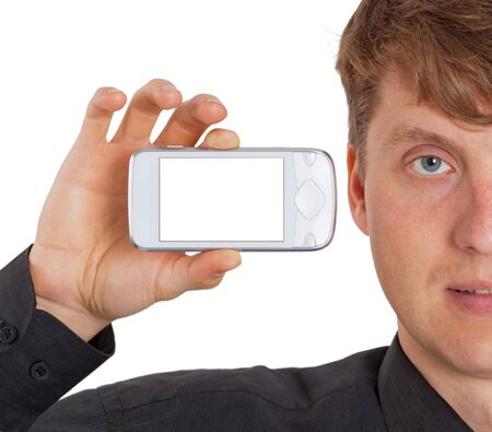 Electronic device with screen in hand isolated on whiteの写真素材