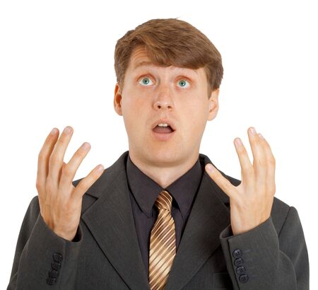 Confused man with green eyes on white backgroundの写真素材