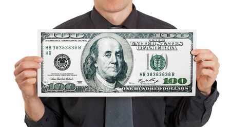 Businessman holding a lot of money isolated on white backgroundの写真素材