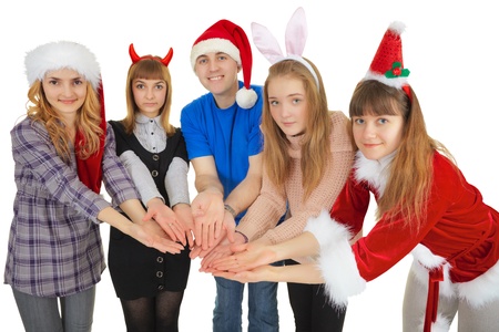 Cheerful people give one general gift isolated on a white backgroundの写真素材