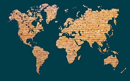 World map with continents made of red brick - abstract backgroundの写真素材