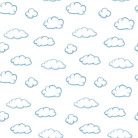 Blue drawing clouds on a white background - seamless textureのイラスト素材