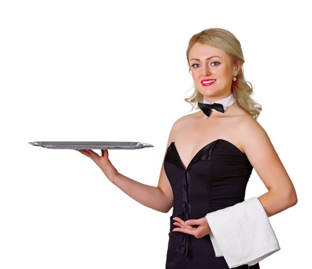 Girl - waiter with empty tray on white backgroundの写真素材