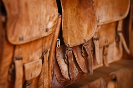 Leather goods - handbags in the open marketの写真素材