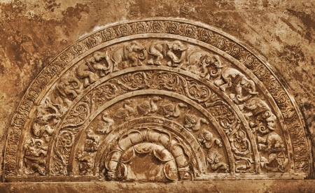 Large moonstone at the foot of the stone stairs. Sri Lankaの写真素材