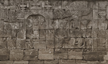 Medieval carving on the walls of the Borobudur temple. Indonesia, Yogyakartaの写真素材