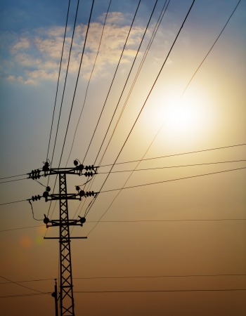 The wires on the old post on sky backgroundの写真素材
