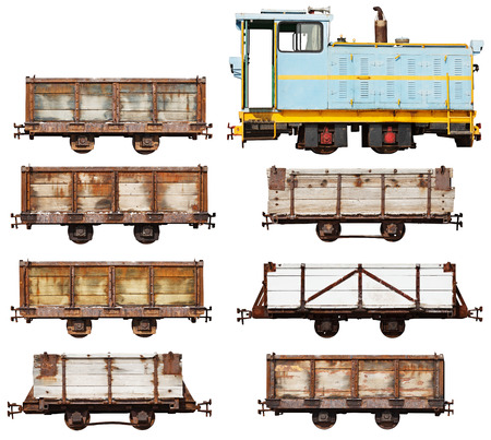 Set of vintage locomotive and cars isolated on white backgroundの写真素材