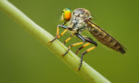 Asilidae (robber fly) sits on a blade of grass. Thailand