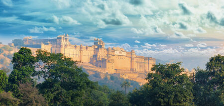 Indian landmarks - panorama with Amber fort. Jaipur cityの写真素材