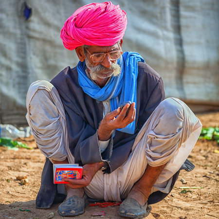 PUSHKAR, RAJASTHAN, INDIA - CIRCA NOV 2012: Traditional Fair in Pushkar. Indian man sitting on the...