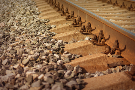The rails and sleepers on gravel closeupの写真素材