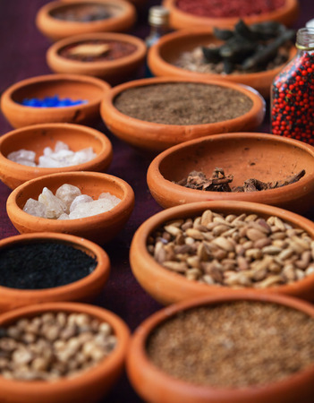 Sri Lanka. Different spices in clay platesの写真素材