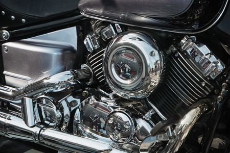 Details of motorcycle Chopper class. Metal details cloe up shot. Engine blockの写真素材