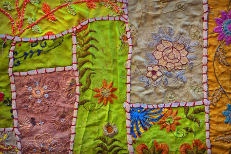 Vintage handmade colorful tapestry background. Jaisalmer, Rajasthan, India.