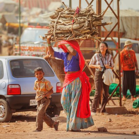 PUSHKAR, RAJASTHAN, INDIA - CIRCA NOV 2012: Traditional Fair in Pushkar. Woman carries a bundle of firewoodのeditorial素材