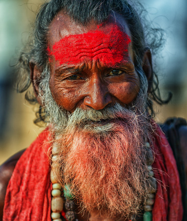 PUSHKAR, RAJASTHAN, INDIA - CIRCA NOV 2012: The portrait of Sadhu man. Close up shotのeditorial素材