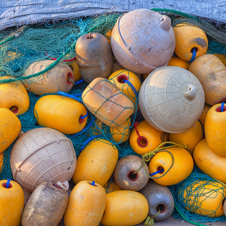 Yellow buoys and fishing nets. Sri-Lanka. Close up shotの写真素材