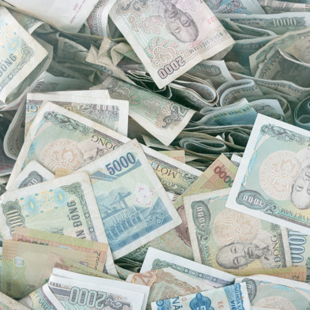 Vietnamese money, crumpled bills. Background