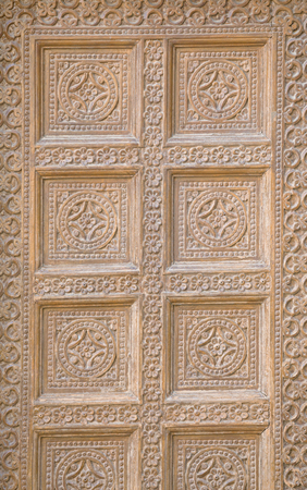 Jaisalmer, Rajasthan, India. Decoration on the wall of an old building. Traditional stone carvingの写真素材