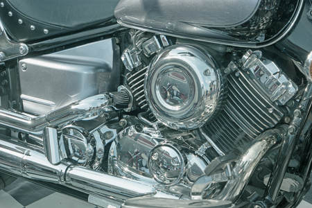 Details of motorcycle Chopper class. Metal details cloe up shot. Engine blockの写真素材