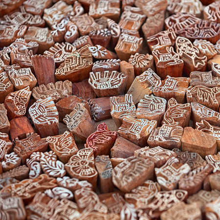 Indian handmade printing blocks. Wood printing blocks are used for textile printingの写真素材