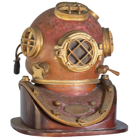 Antique, brass diving helmet with four windows and bolted fittings, isolated on a white background.の写真素材