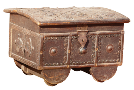 Antique, metal jewelry box with lock hasp, and intricately tooled patterns, isolated against a white background.の写真素材