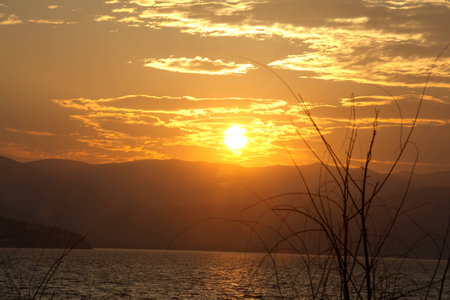 Sunset view on the lake の写真素材
