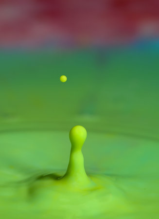Green colored drops fall into a pool of green and blue and red.の写真素材