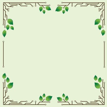 a light green background frame with birch leaves and electronic circuitsのイラスト素材
