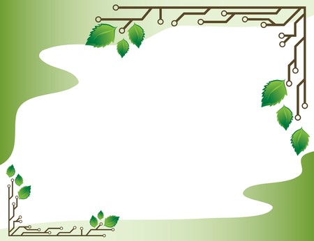 a light green background frame with birch leaves and electronic circuitsのイラスト素材