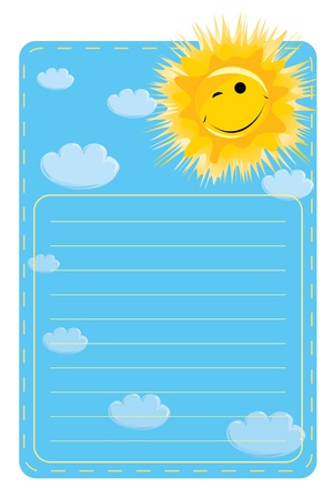 A label with a picture of sun and clouds on a blue background with lines for textのイラスト素材