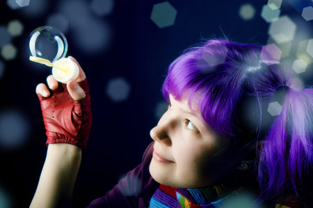 the girl with purple hair, playing with soap bubbles