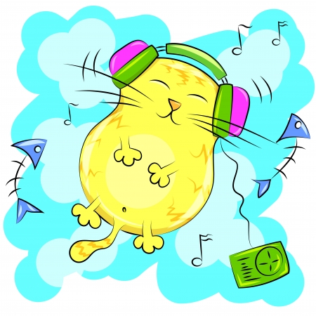 yellow fat cat listening to music on headphonesのイラスト素材
